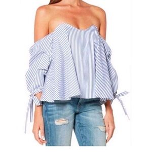 Caroline Constas Blue Striped Off-Shoulder Blouse